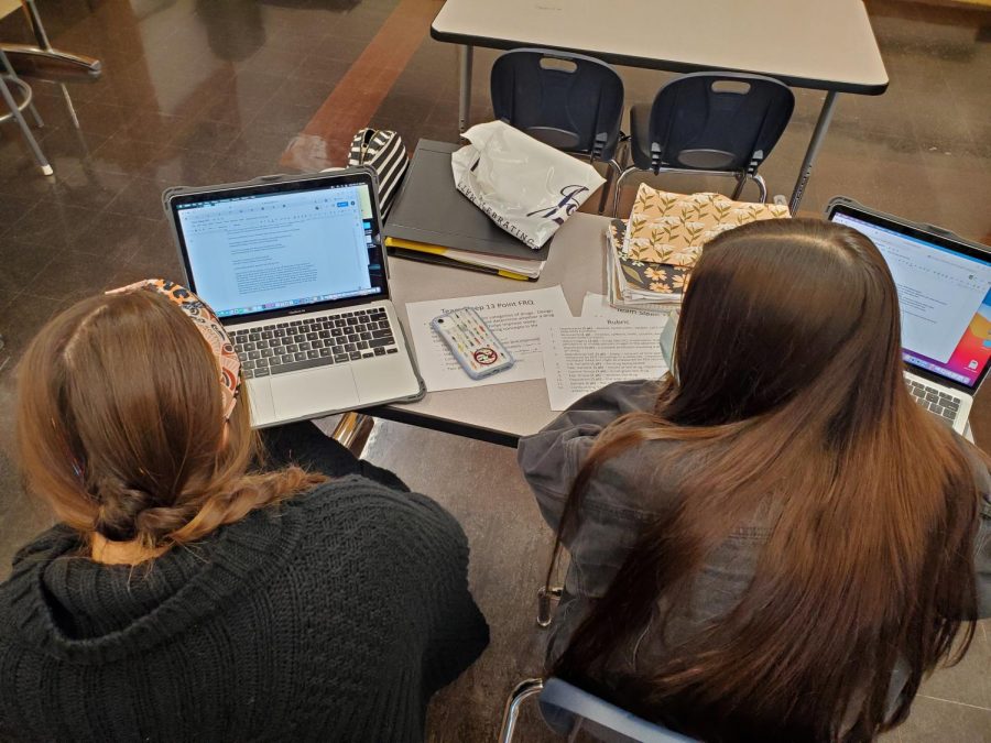 Senior Elizabeth Capes and senior Calista Lopez work on their FRQs for their AP Psychology class. Seniors design an experiment that determines whether drugs in one category help improve sleep. 