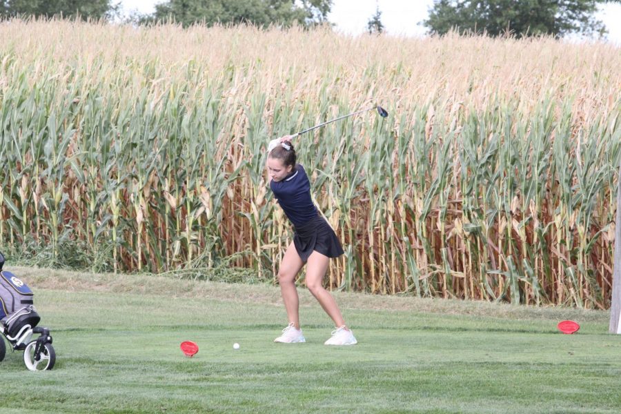 Maddie Pink lines up to hit the ball on hole number 5 vs Stillman Valley. They lost a nail bitter to Stillman 221-211.