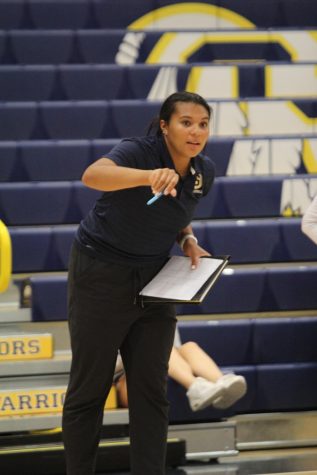 Volleyball Coach Kaylee Martin instructed her athletes during a game. This was during the first 2022 home game for S.H.S. volleyball.