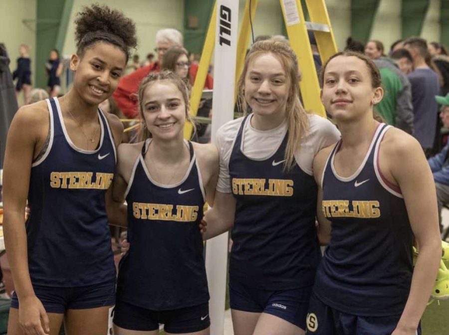 Freshmen Alivia Gibson, Anessa Johnson, Abigail Ryan, and Sage Ryan after their record-breaking 4x2 relay. The girls broke the record during a F/S meet hosted by Newman High School.