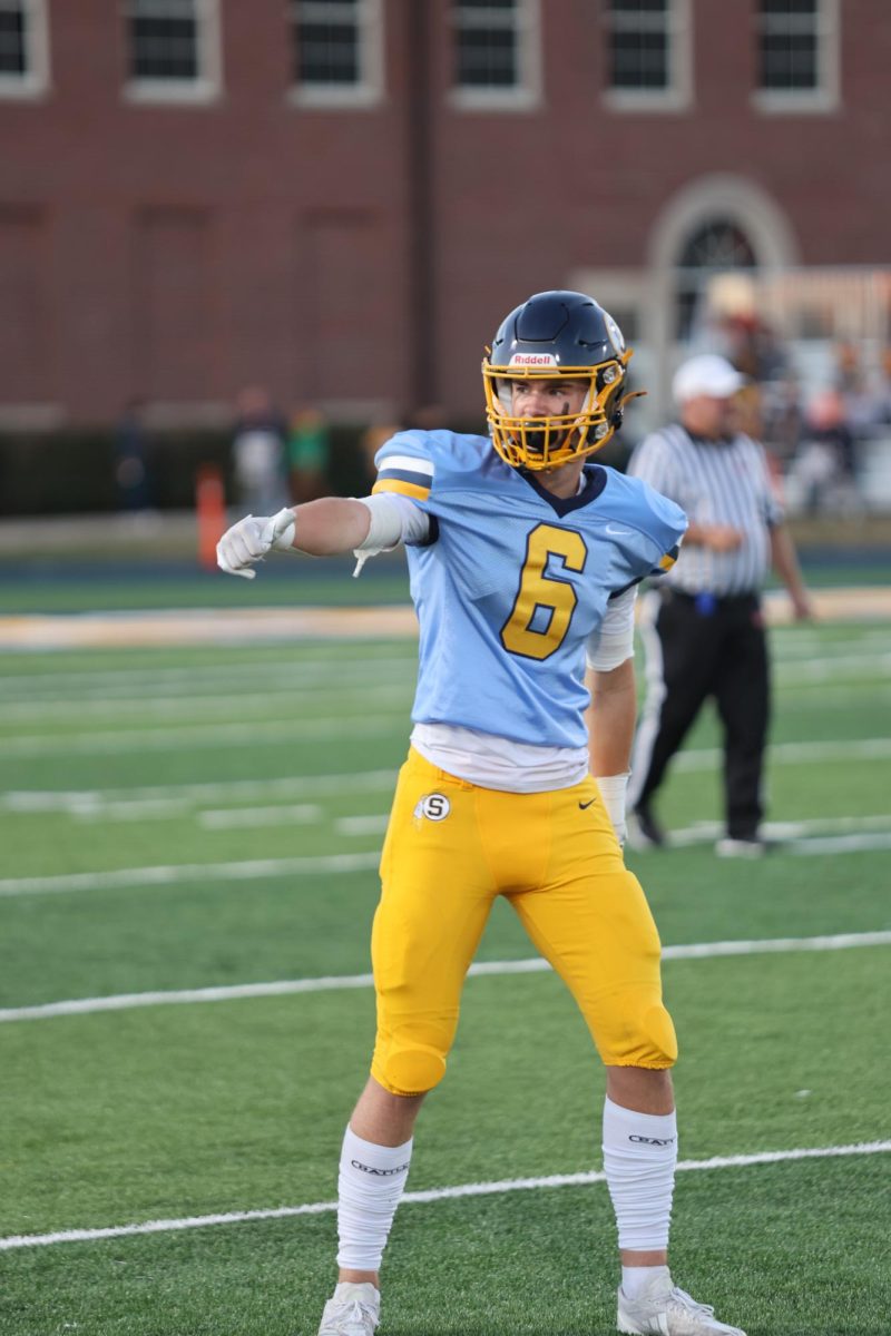 Senior James Wadsworth lines up for a play. Wadsworth is a Captain and large contributor for the Golden Warriors this upcoming season.